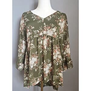 DR2 Babydoll Sheer Overlay Olive Green Floral Blouse SZ L Ruffle Garden Fairy